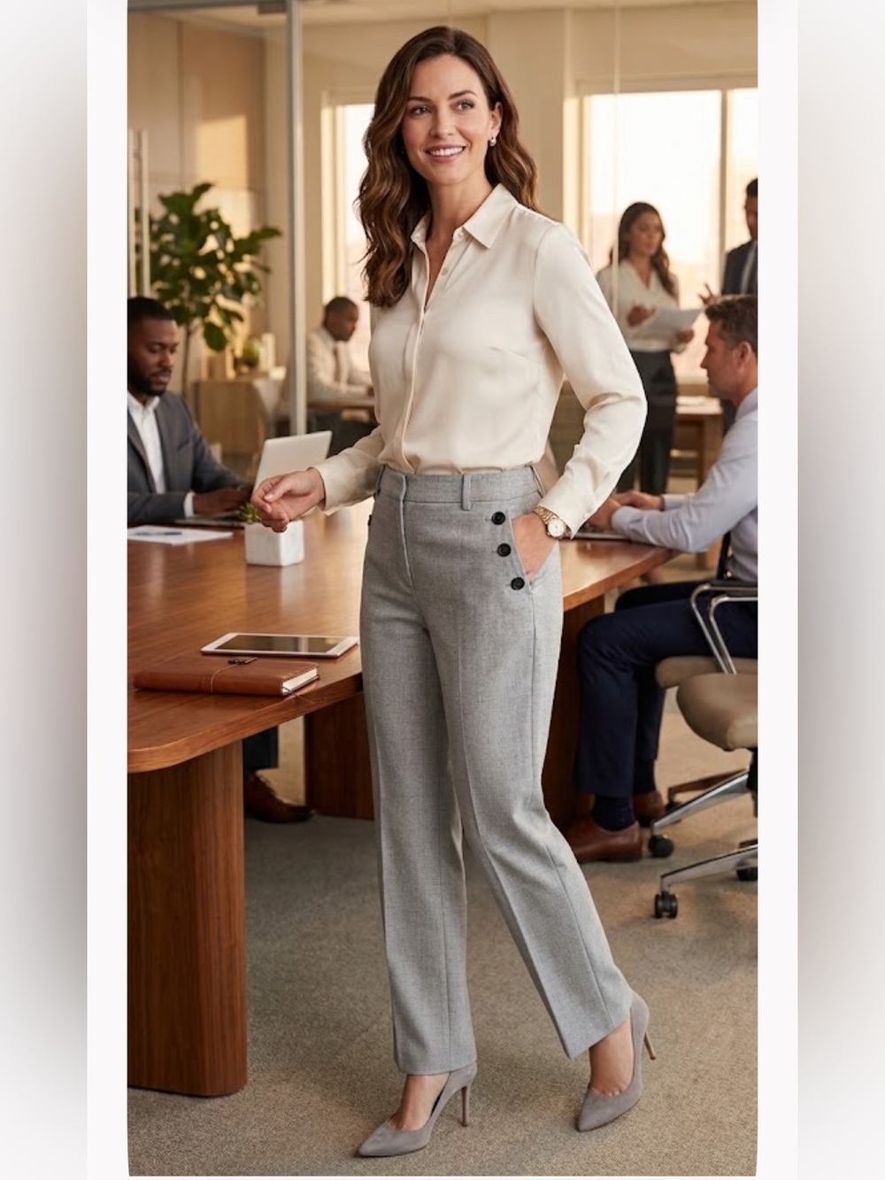 Rachel Zoe Gray Mid/High-Waist Straight Leg Trousers with Side Buttons size 10